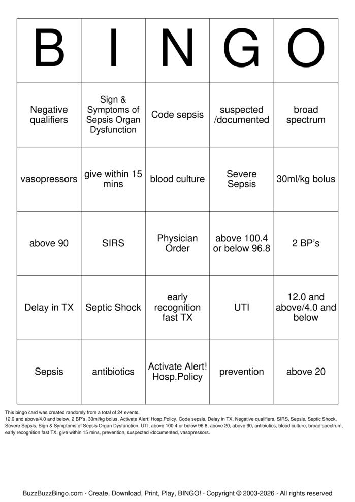 Download Free SEPSIS Bingo Cards Download Free SEPSIS Bingo Cards