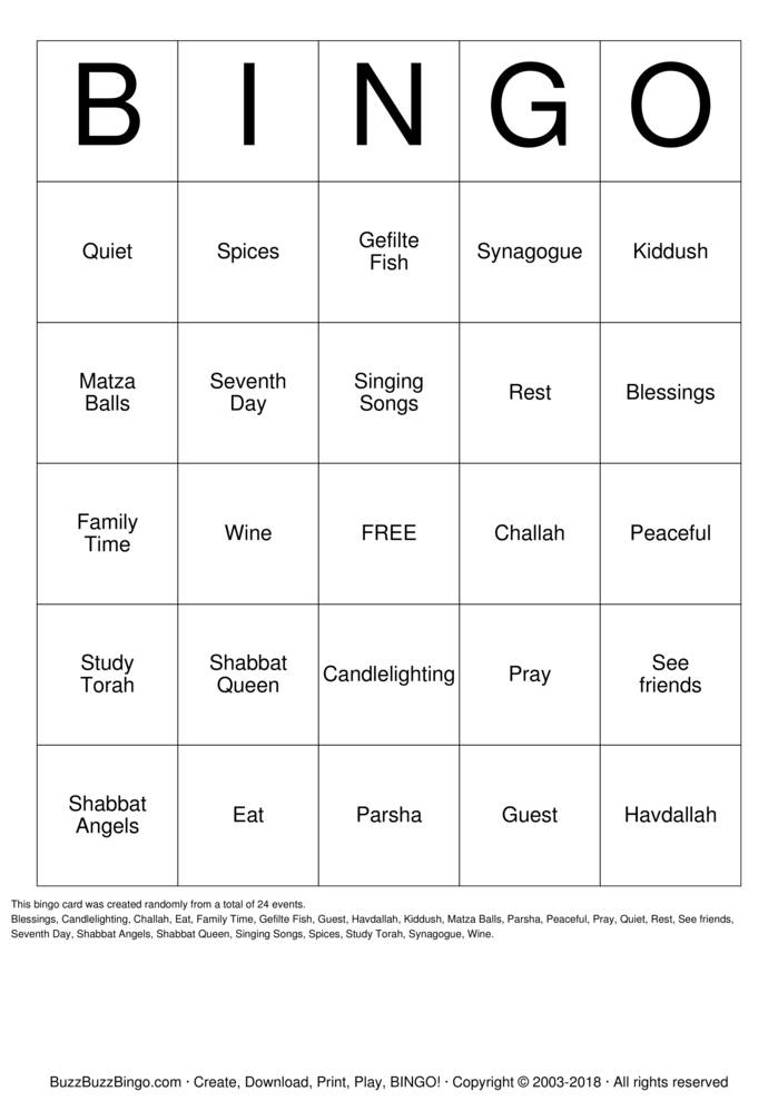 SHABBAT BINGO Bingo Cards to Download, Print and Customize!