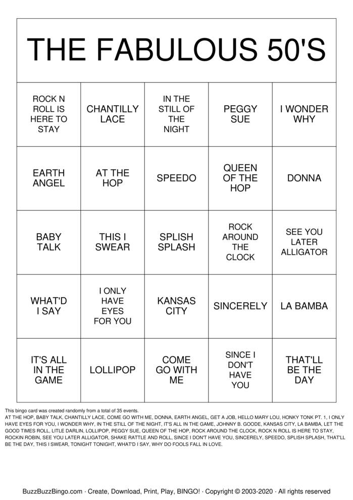 The FABULOUS 50'S Bingo Cards to Download, Print and Customize!