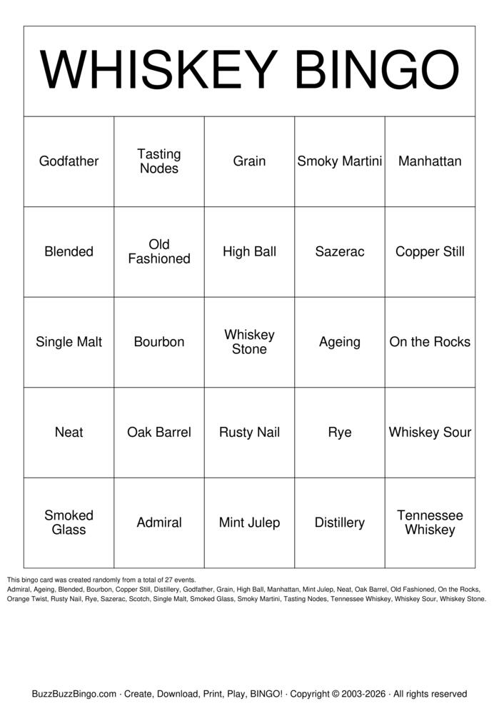 Download Free Whiskey Bingo Cards Download Free Whiskey Bingo Cards