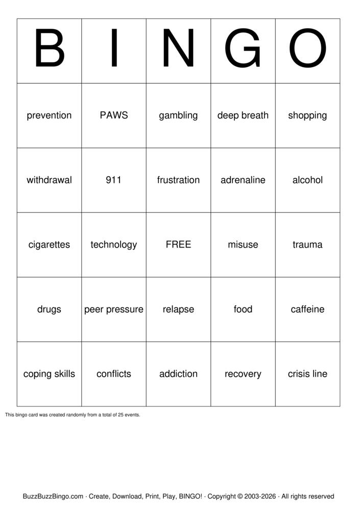 Download Free addiction Bingo Cards Download Free addiction Bingo Cards