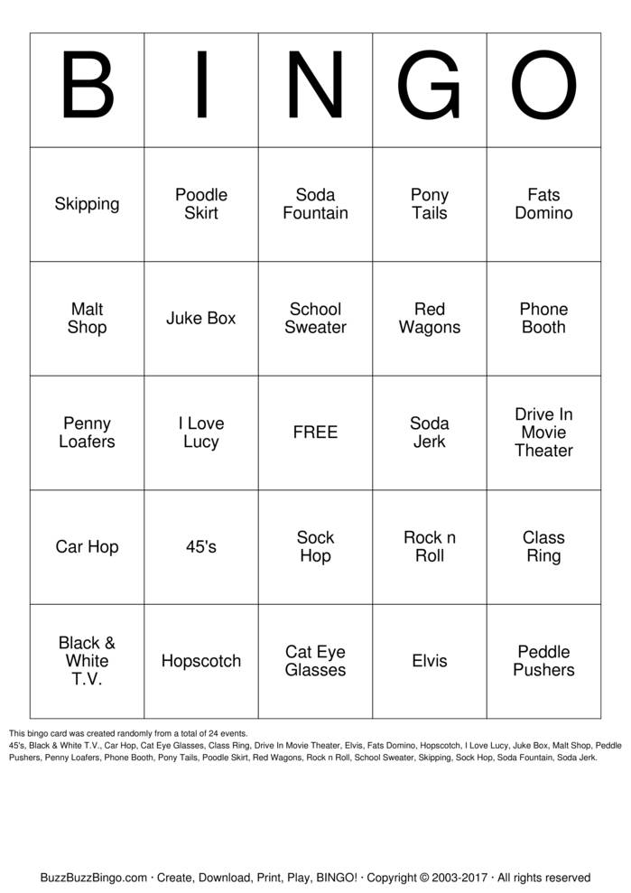 1950's Bingo Cards to Download, Print and Customize!