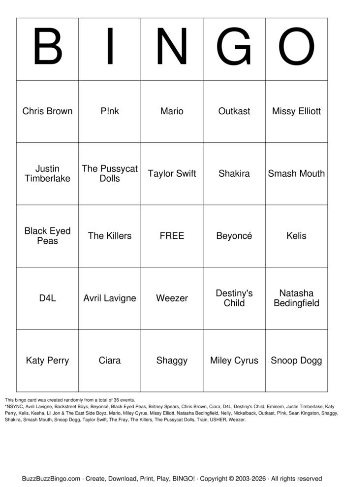 Download Free 2000s Music Unique Artists Bingo Cards Download Free 2000s Music Unique Artists Bingo Cards