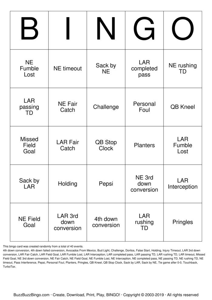 2019 Superbowl NE vs LAR Bingo Cards to Download, Print and Customize!