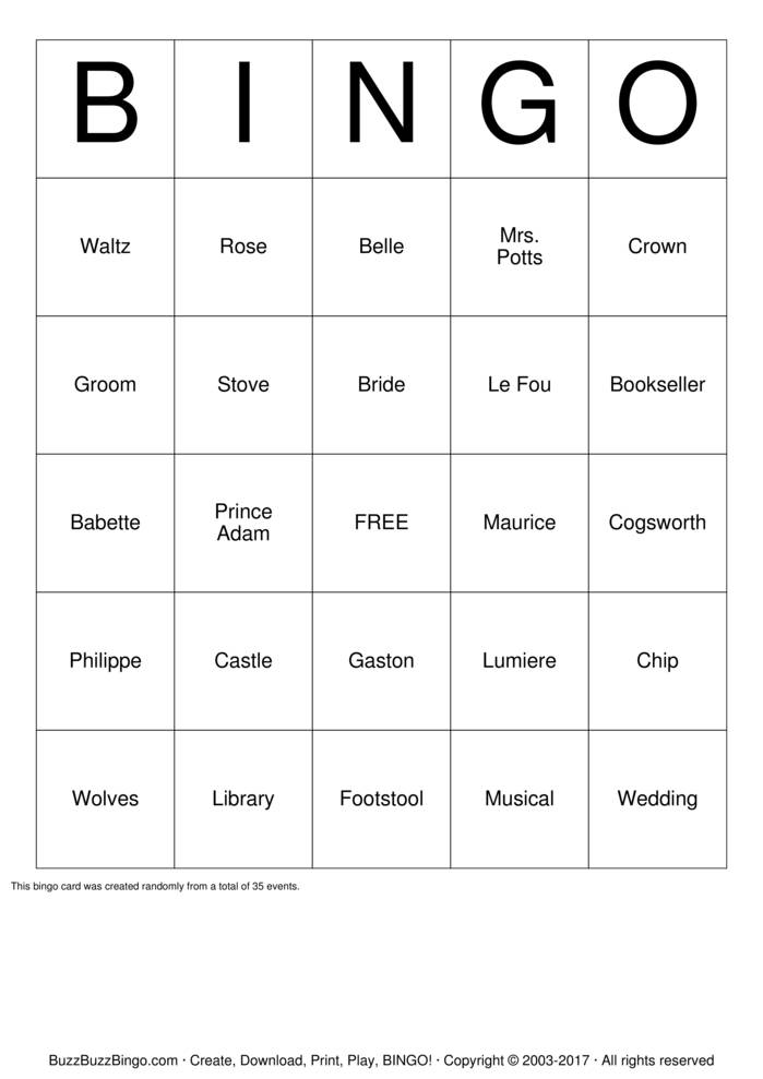 Download Free BEAUTY AND THE BEAST BINGO Bingo Cards