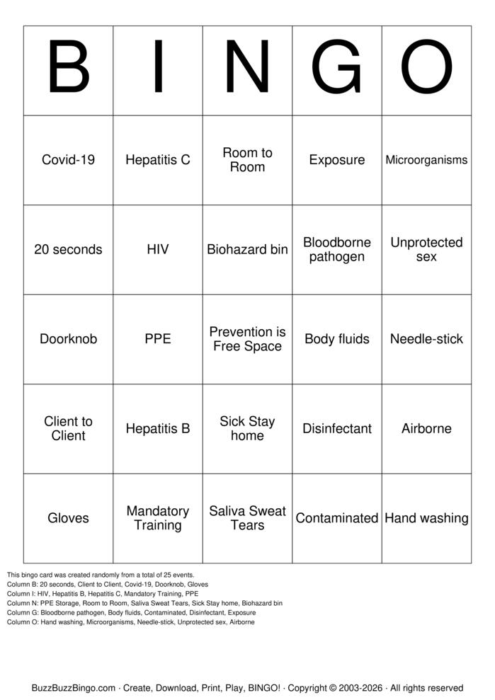 Download Free Bloodborne Pathogens/Infection Control Bingo Cards Download Free Bloodborne Pathogens/Infection Control Bingo Cards