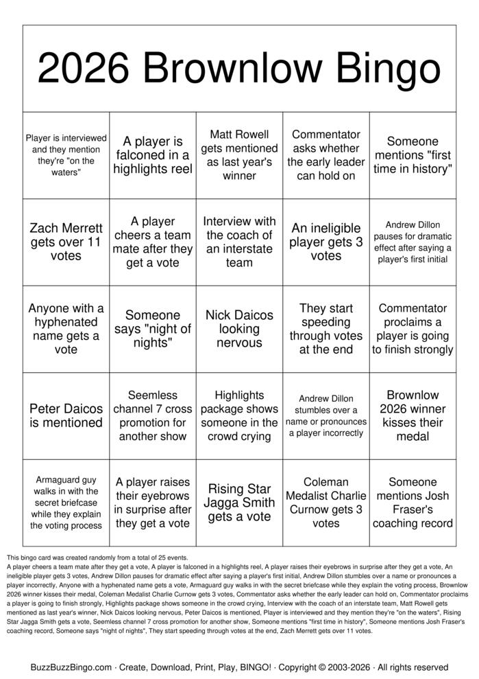 Download Free Brownlow Bingo Cards