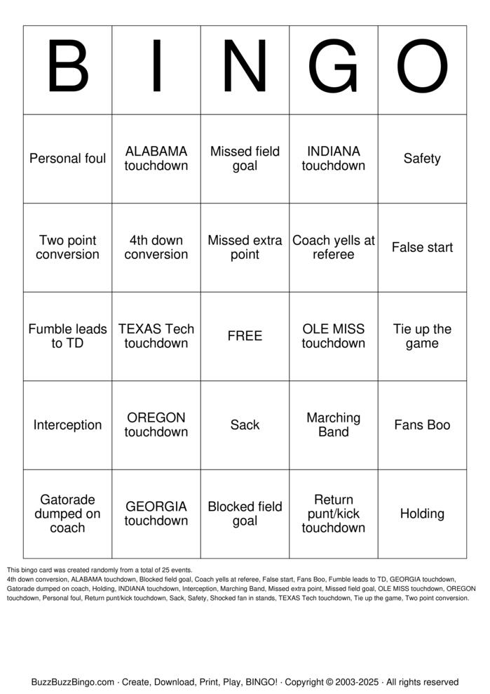 College Football Bingo Cards to Download, Print and Customize!