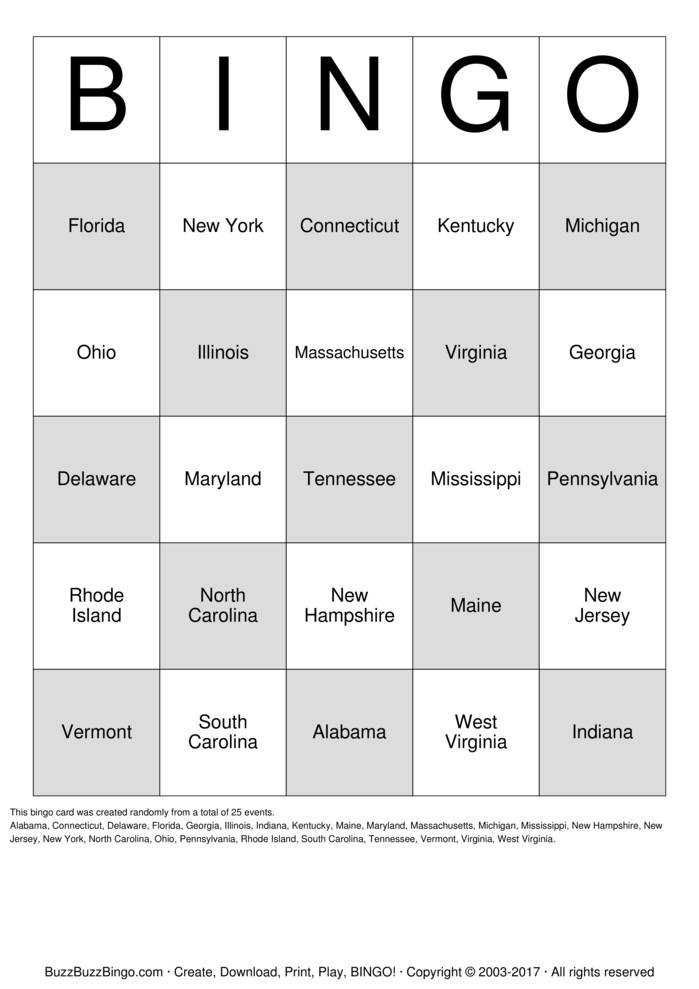 Download Free Eastern United States Bingo Cards Download Free Eastern United States Bingo Cards