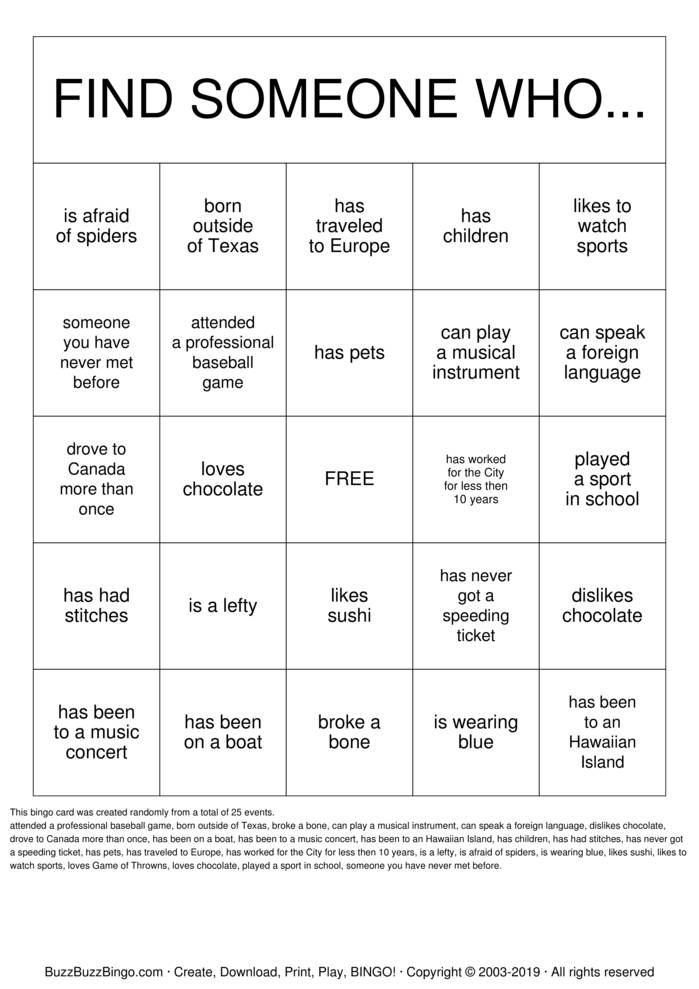 Find Someone Who.. Bingo Cards to Download, Print and Customize!