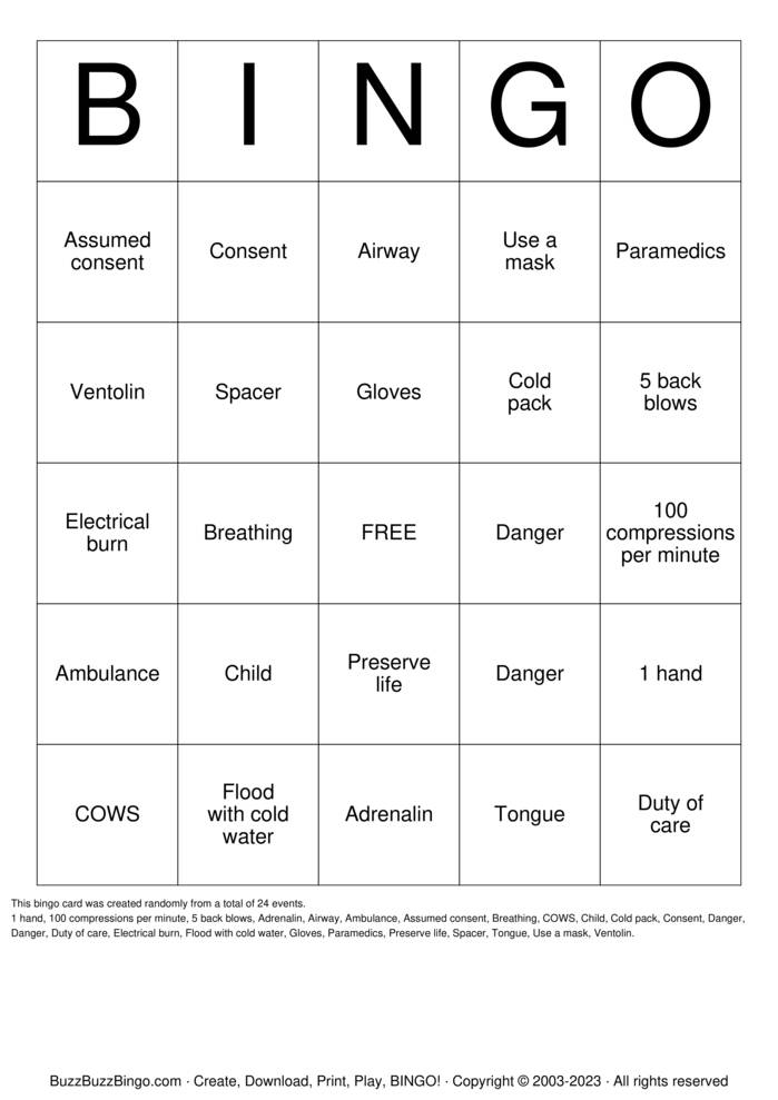 Download Free First Aid Bingo Bingo Cards
