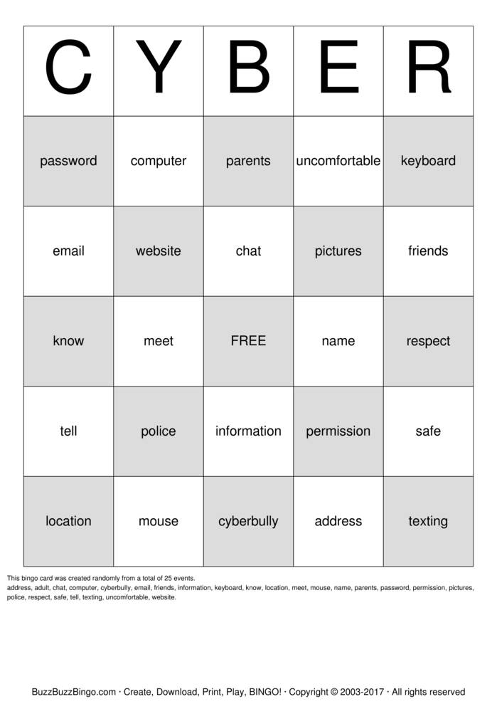 invoegen blad Aanklager Internet Safety Bingo Cards to Download, Print and Customize!