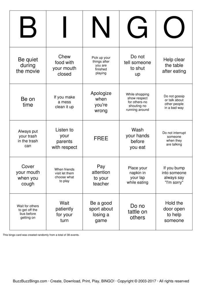 Manners Bingo Cards to Download, Print and Customize!