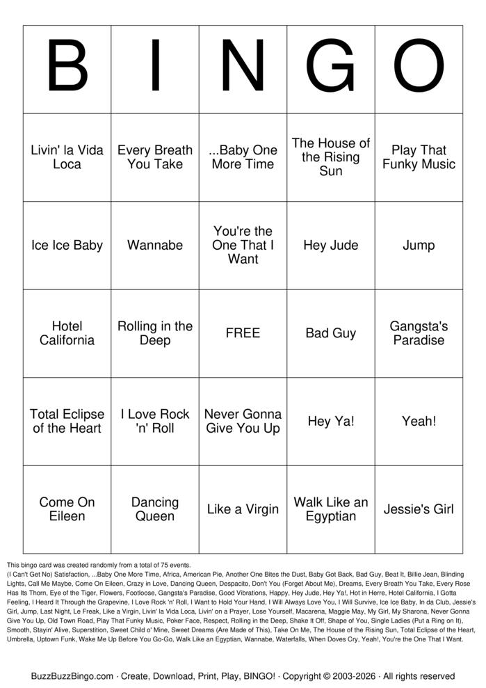 Download Free Number One Hits Titles Bingo Cards