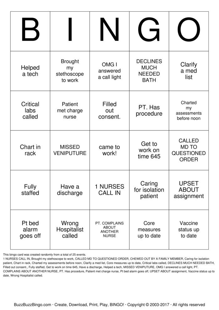 Download Free Nurse  Bingo Cards