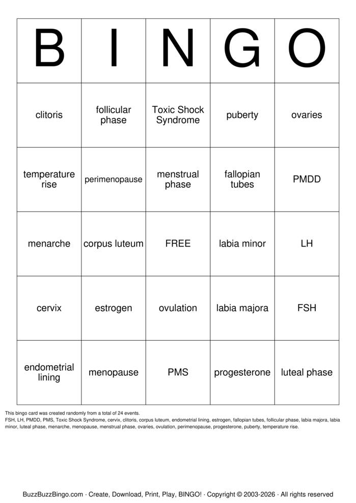 Download Free Period Bingo Cards