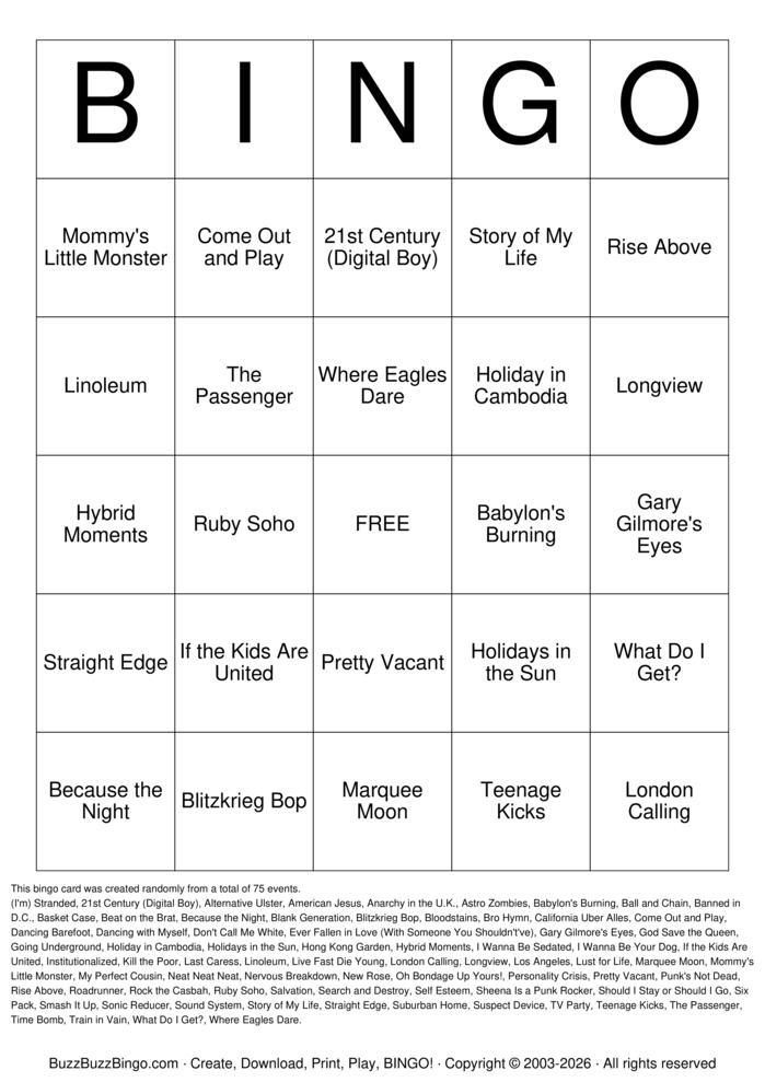 Download Free Punk Rock Classics Titles Bingo Cards