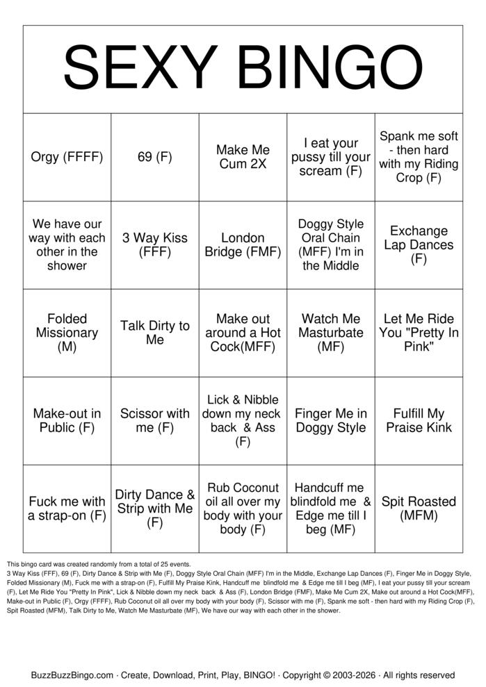 Download Free SEXY BINGO Bingo Cards