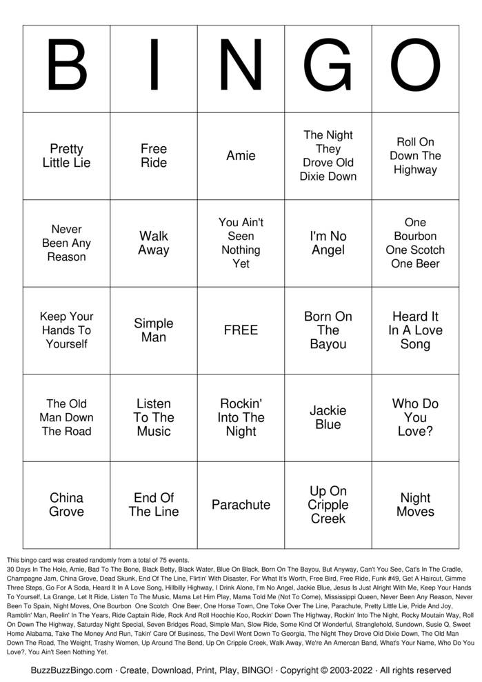Download Free Southern Rock Bingo #2 Bingo Cards