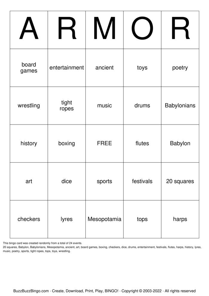Download Free babylon Bingo Cards