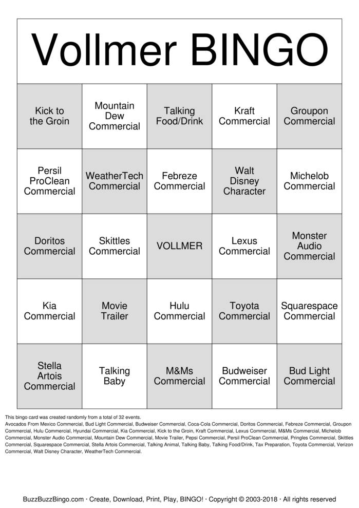 2018 Superbowl Commercials Bingo Cards to Download, Print and Customize!