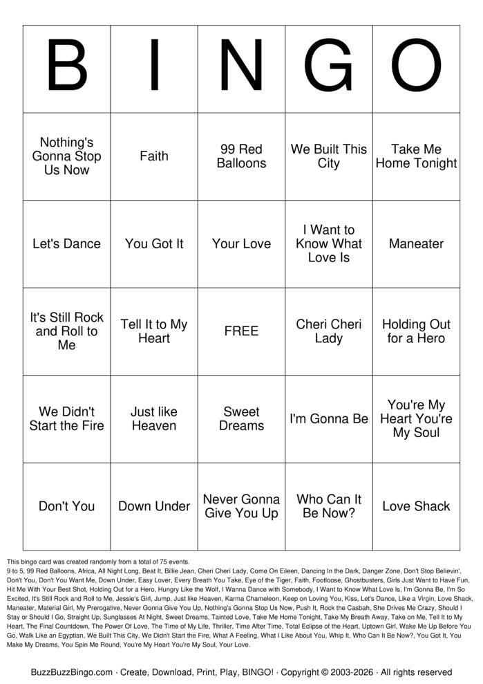 Download Free 80s Music Titles Bingo Cards