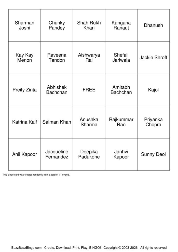 Download Free BollyWood Bingo Bingo Cards Download Free BollyWood Bingo Bingo Cards