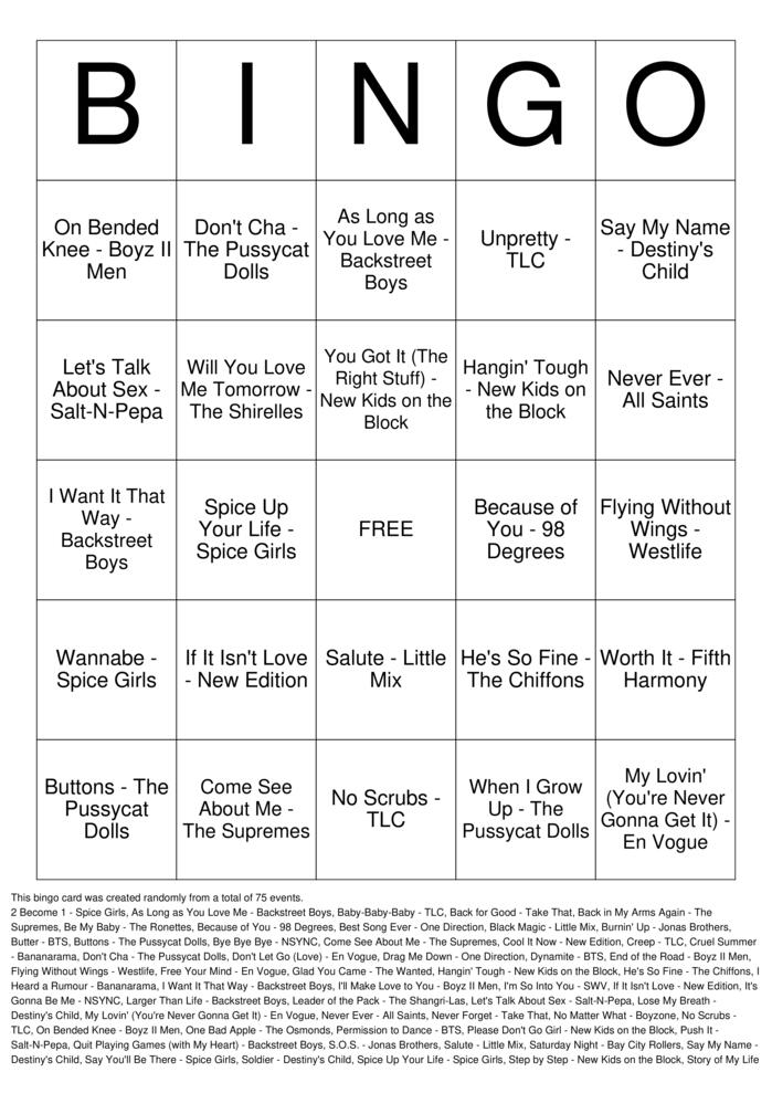 Download Free Boy Bands vs Girl Groups Bingo Cards