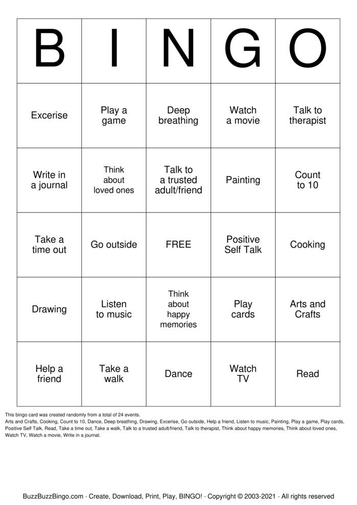 Coping Skills Bingo Cards to Download, Print and Customize!