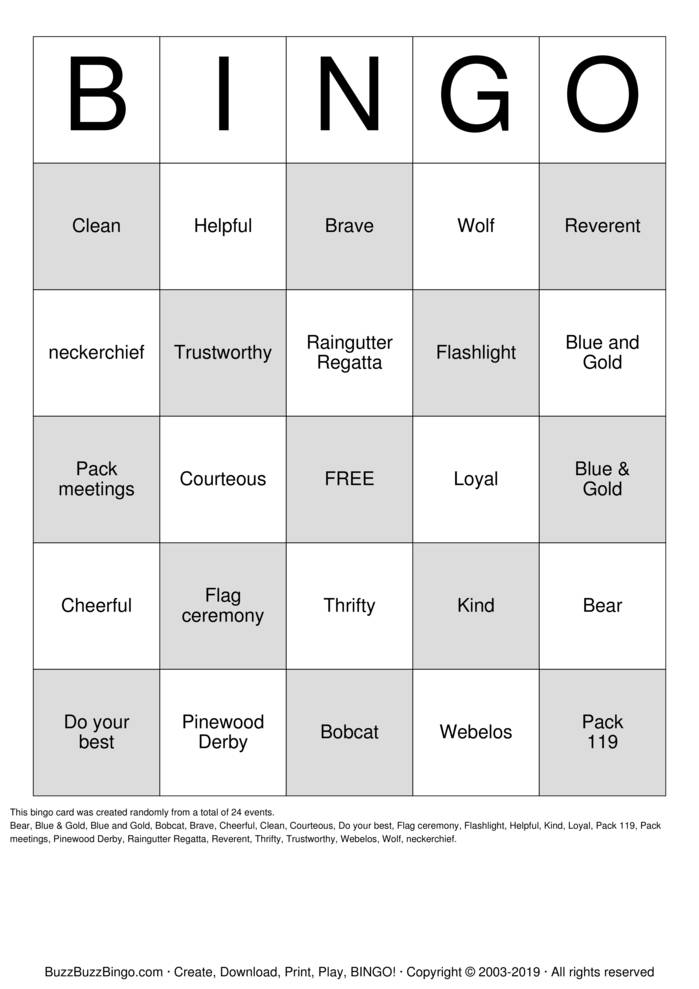 Download Free Cub Scouts Bingo Cards