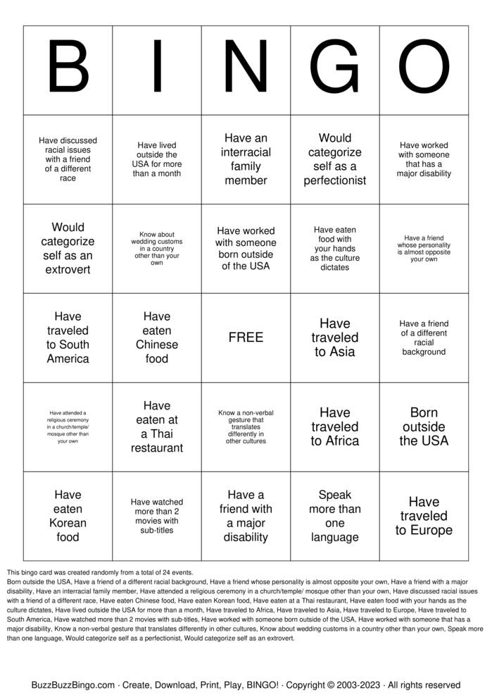 Download Free  Diversity Bingo Cards