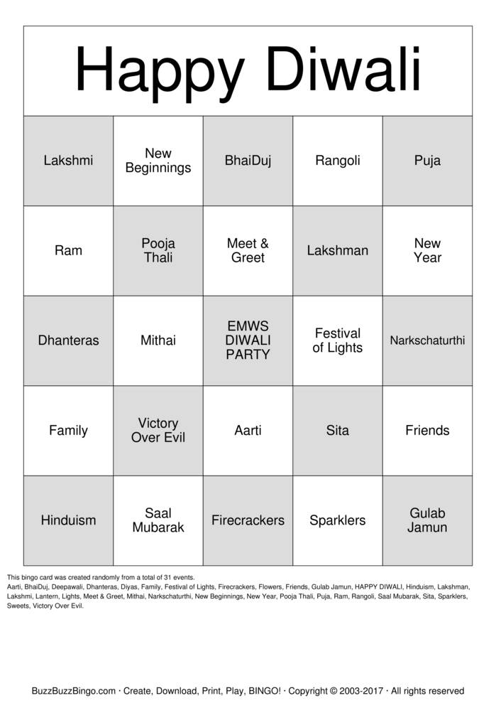 Diwali Party Bingo Cards to Download, Print and Customize!