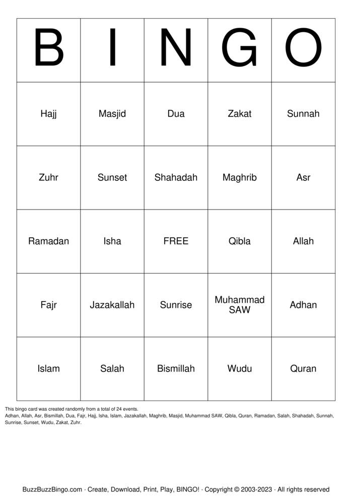 Download Free Islamic  Bingo Cards