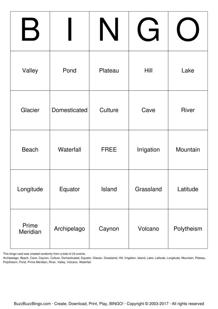 Download Free Land and Water Bingo Cards Download Free Land and Water Bingo Cards