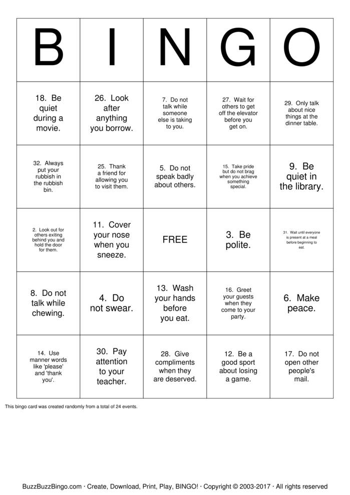 Manners Bingo Cards to Download, Print and Customize!