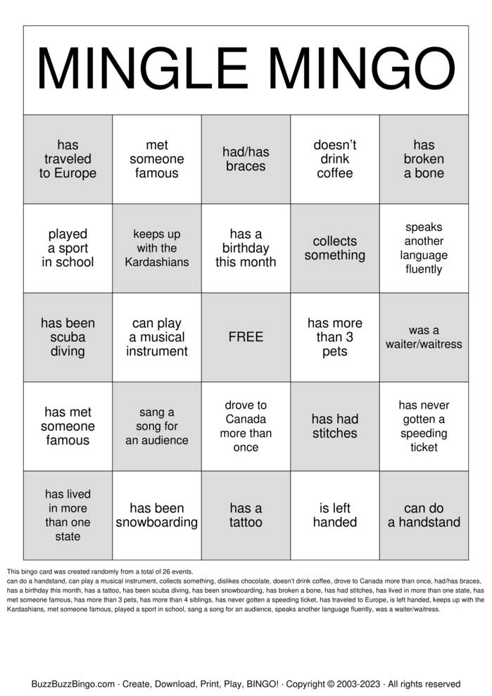 Download Free Mingle Bingo Bingo Cards