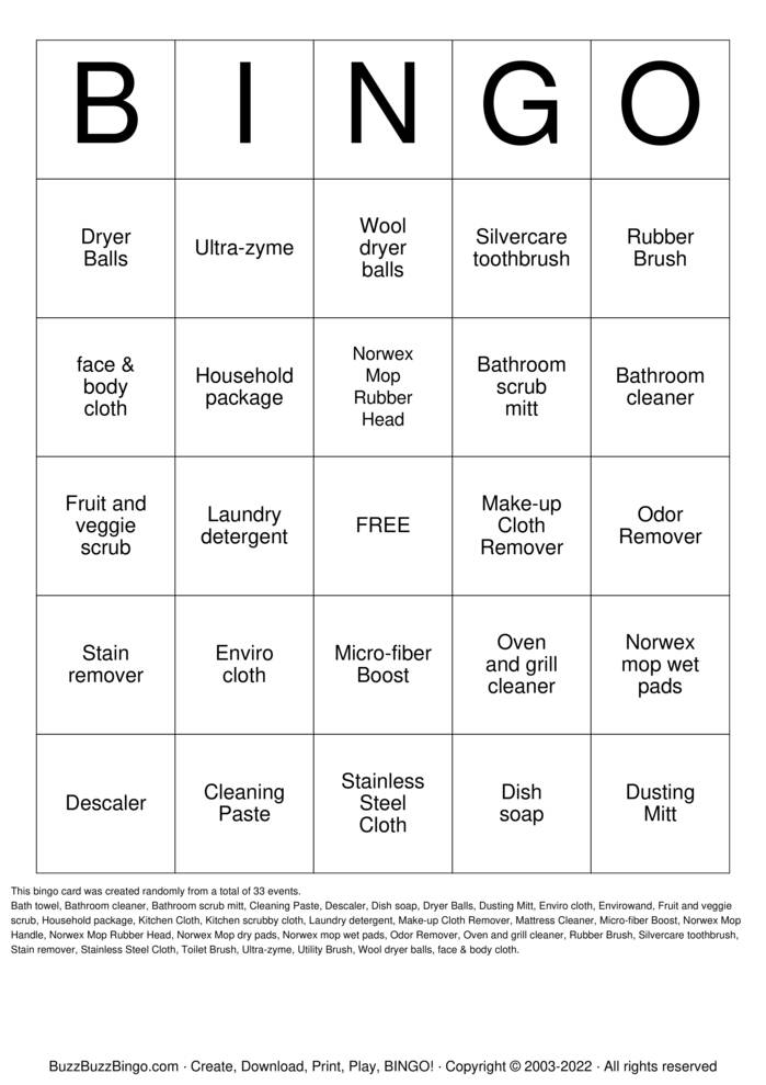 NORWEX Bingo Cards to Download, Print and Customize!