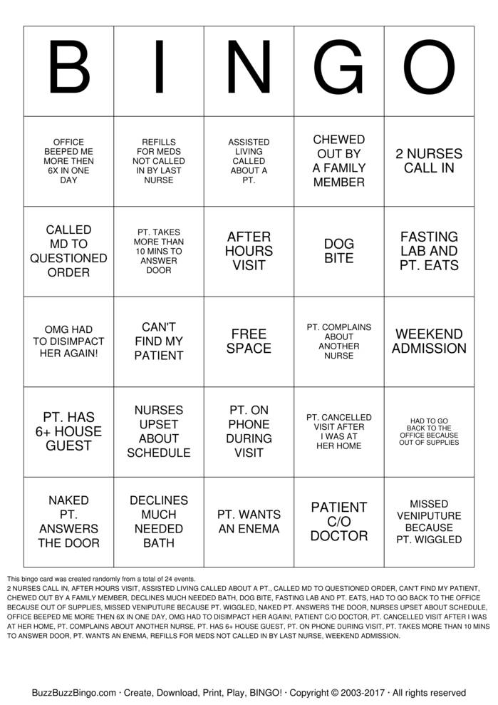 Download Free Nurse Bingo Cards