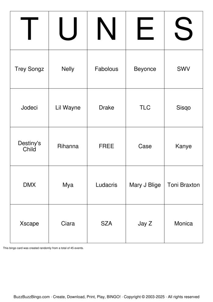 Download Free R&B Hip Hop Bingo Cards