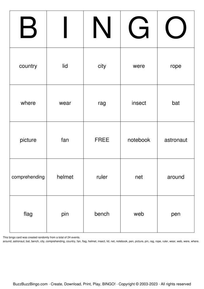 Download Free Vocabulary Bingo Cards
