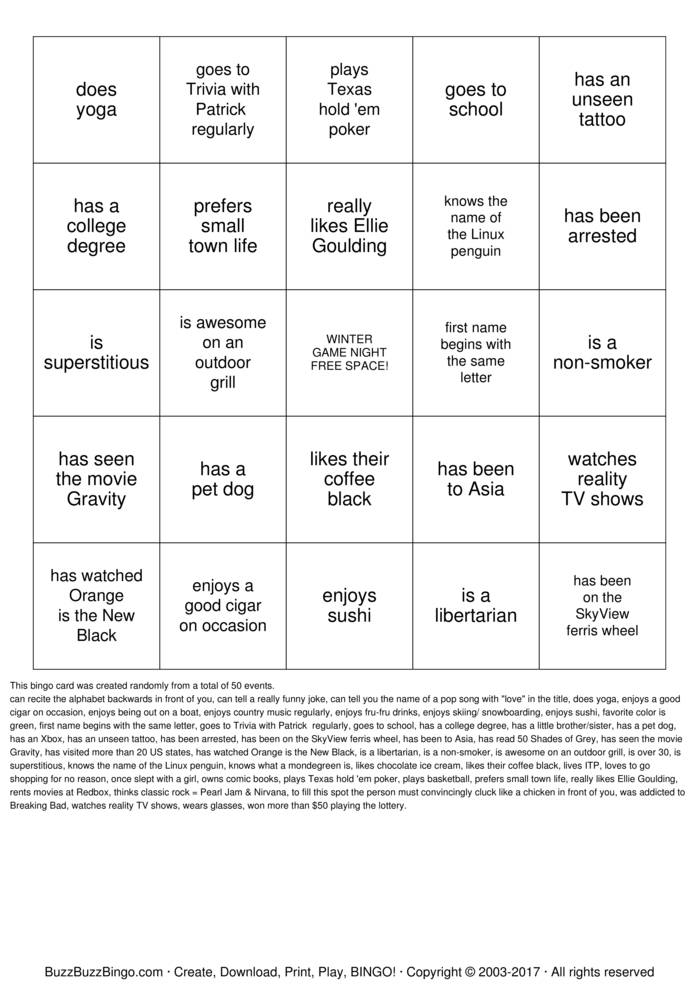 WINTER GAME NIGHT: HUMAN BINGO Bingo Cards to Download, Print and ...