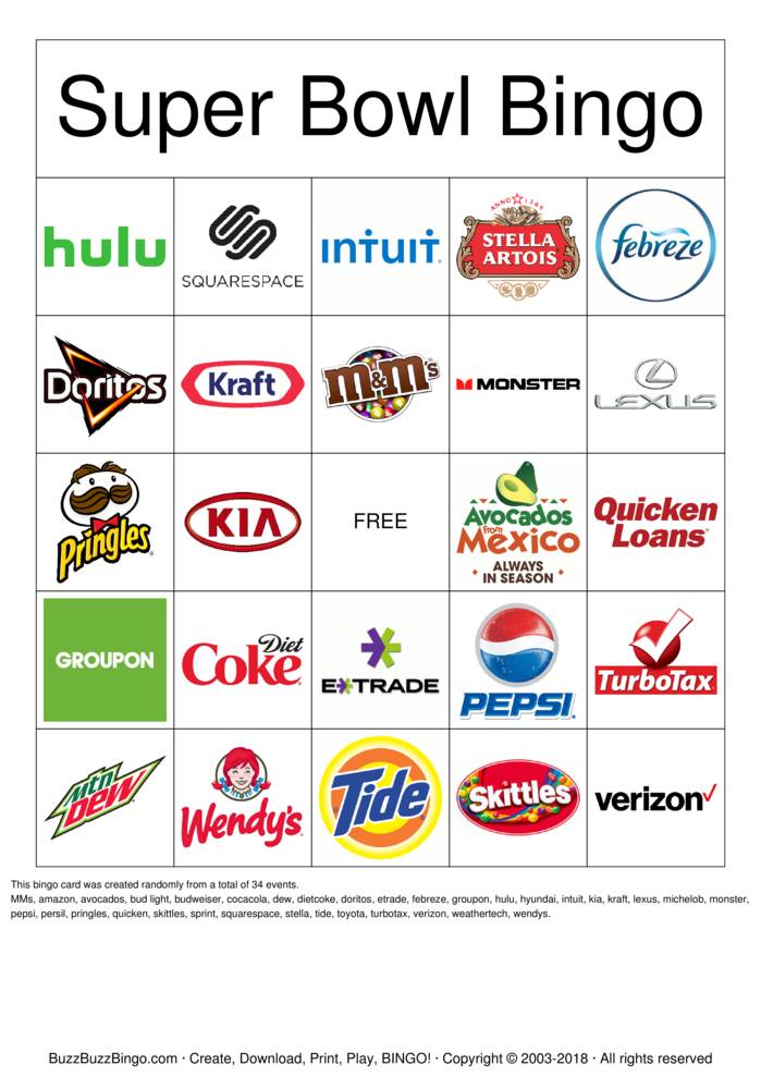 2018 Superbowl Commercial Logos Bingo Cards to Download, Print and ...