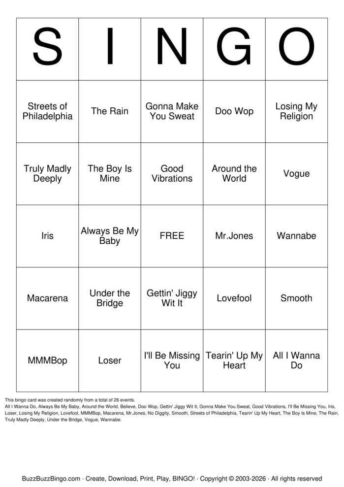 Download Free 90s Hit Songs 1 Bingo Cards Download Free 90s Hit Songs 1 Bingo Cards
