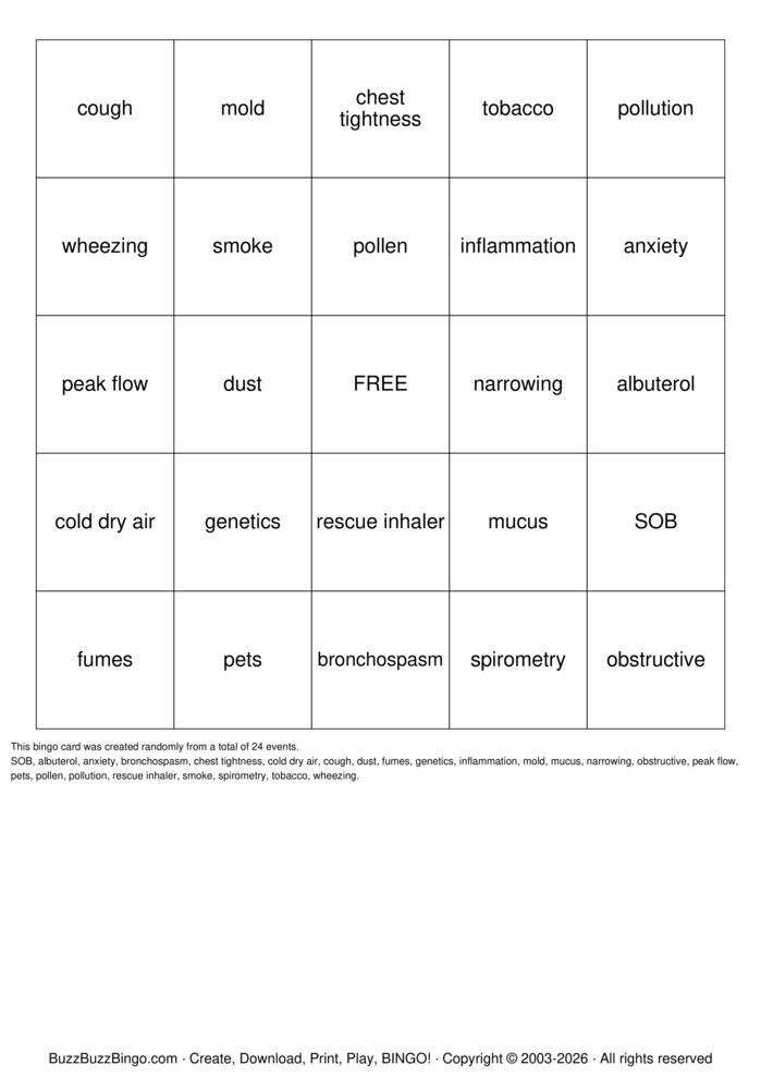 Download Free ASTHMA Bingo Cards Download Free ASTHMA Bingo Cards