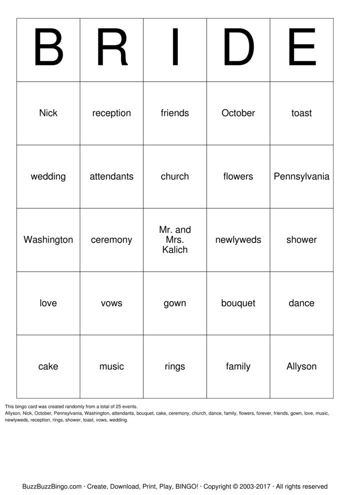 Download Free BRIDE Bingo Cards