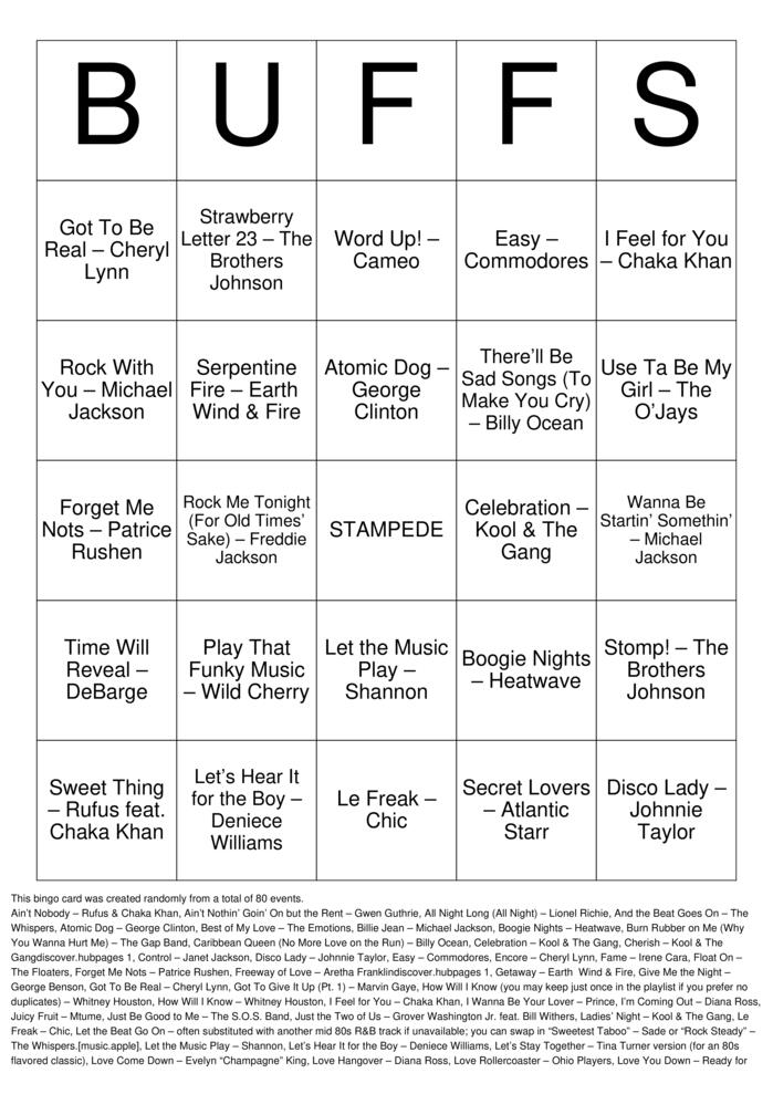 Download Free BUFFS Bingo Cards