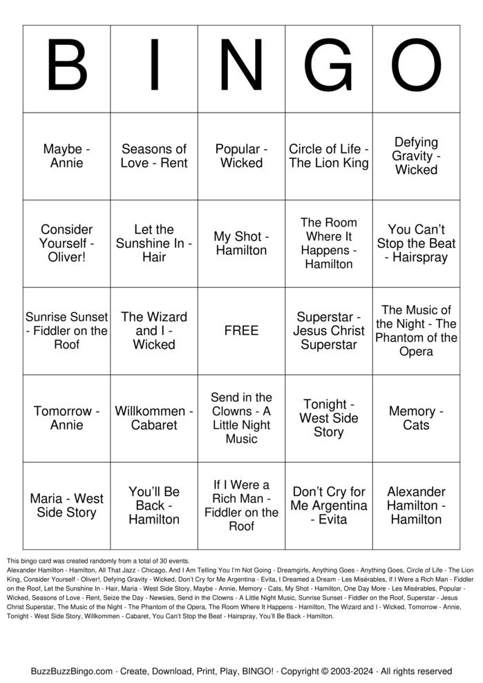 Download Free Broadway Musical Songs Bingo Cards