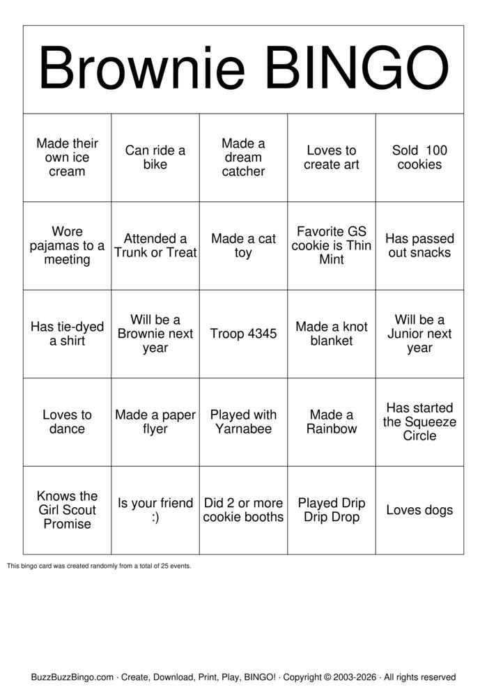 Download Free Brownie Bingo Cards