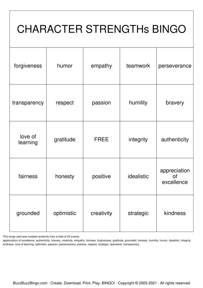 Character Strength Bingo Bingo Cards to Download, Print and Customize!