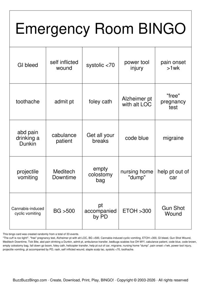 Download Free Emergency Room Bingo Cards Download Free Emergency Room Bingo Cards